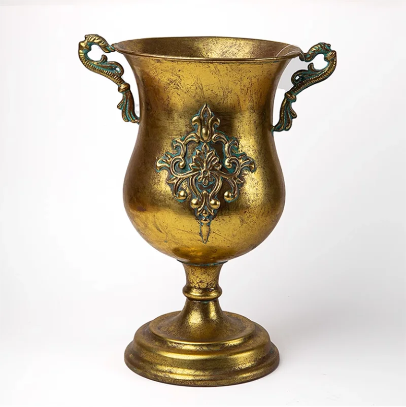 European Golden Retro Iron Vase Flower Arrangement Vessel Decoration Home Room Ornaments Wedding Banquet Table Accessories Items