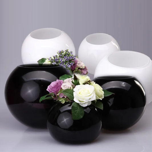 Simple and Modern Black Round Spherical Glass Vase Hotel Lobby Desktop White Floral Home Soft Decoration Decor Vase