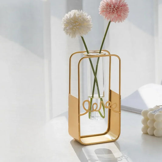 Nordic Style Creative Hydroponic Vase Tabletop Decoration Wrought Iron Frame Clear Glass Vase for Office Tabletop Decoration