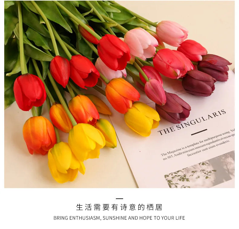 5 Pieces Artificial Tulips 40cm True Touch Fake Plants Home Garden Tabletop Wedding Decoration Simulation 5 Head Tulip Bouquet