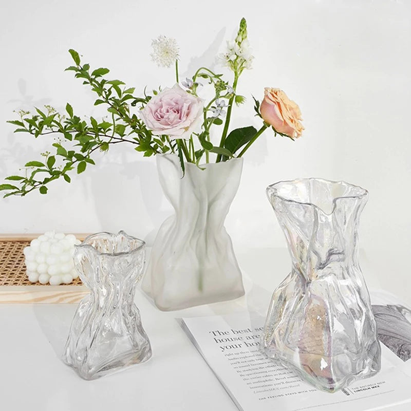Irregular Glass Flower Vase Crystal Clear Vase Ins Style Decorative Vases for Home Office Wedding Dinner Table Party Decor