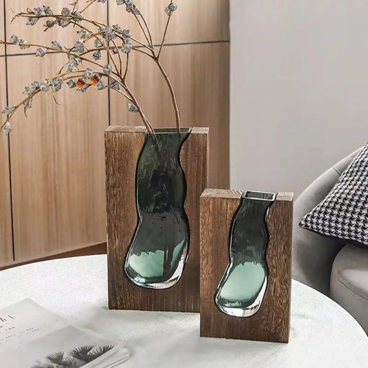 Home Decor Wooden Glass Vase Creative Transparent Hydroponic Flower Holder Exquisite Removable Flower Pot Gift