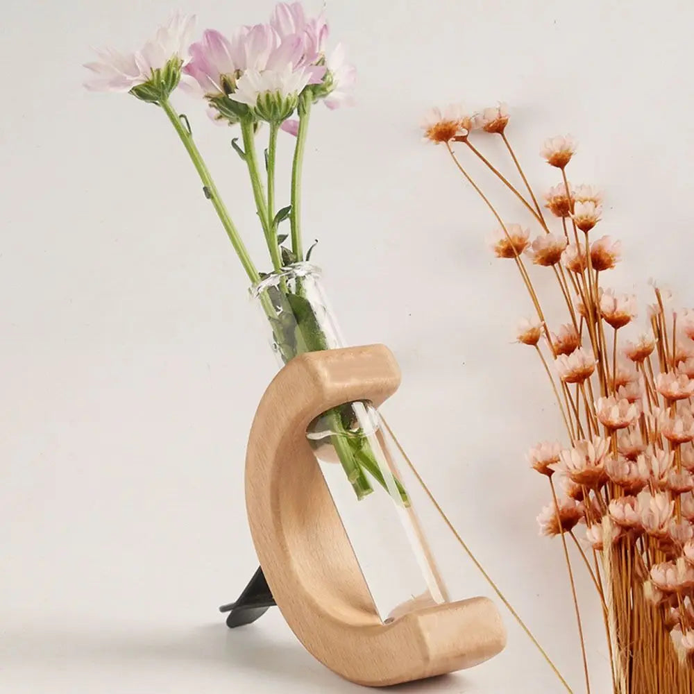 Test Tube Solid Wood Vase Mini Bonsai Vase Plant Floral Container Plant Breeding Station Mini Glass Car Flower Vase Car Decor