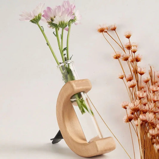 Test Tube Solid Wood Vase Mini Bonsai Vase Plant Floral Container Plant Breeding Station Mini Glass Car Flower Vase Car Decor