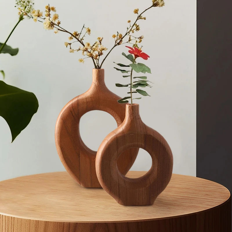 1PC Nordic Style Solid Wood Vase Donut Design Flowerpot Dry Flower Arranging Container Ornament Living Room Table Home Decor