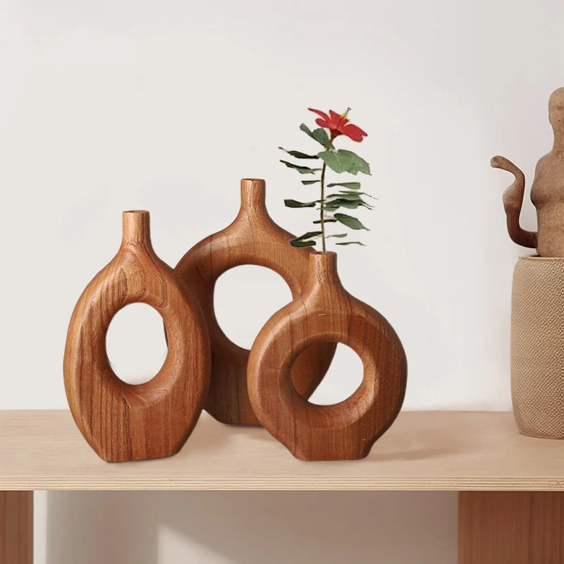 Nordic Style Solid Wood Vase Donut Design Wooden Flowerpot Vase Flower Arrangement Tabletop Ornaments Living Room Home Decor