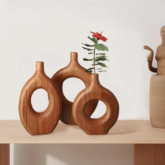 Nordic Style Solid Wood Vase Donut Design Wooden Flowerpot Vase Flower Arrangement Tabletop Ornaments Living Room Home Decor