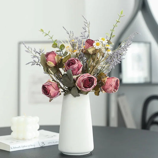 Burnt Edge Roses Daisies Fake Bouquets Artificial Flower Products Vintage Home Table Decorations Dried Flower Wedding Bouquets