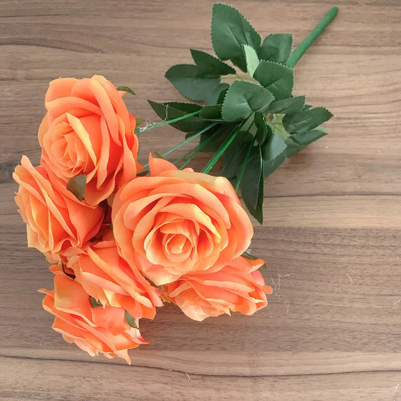 9Heads Roses Bouquet Artificial Flower Yellow Golden orange sunset Champagne Rose Fake Rose Living Room  Decoration Wedding