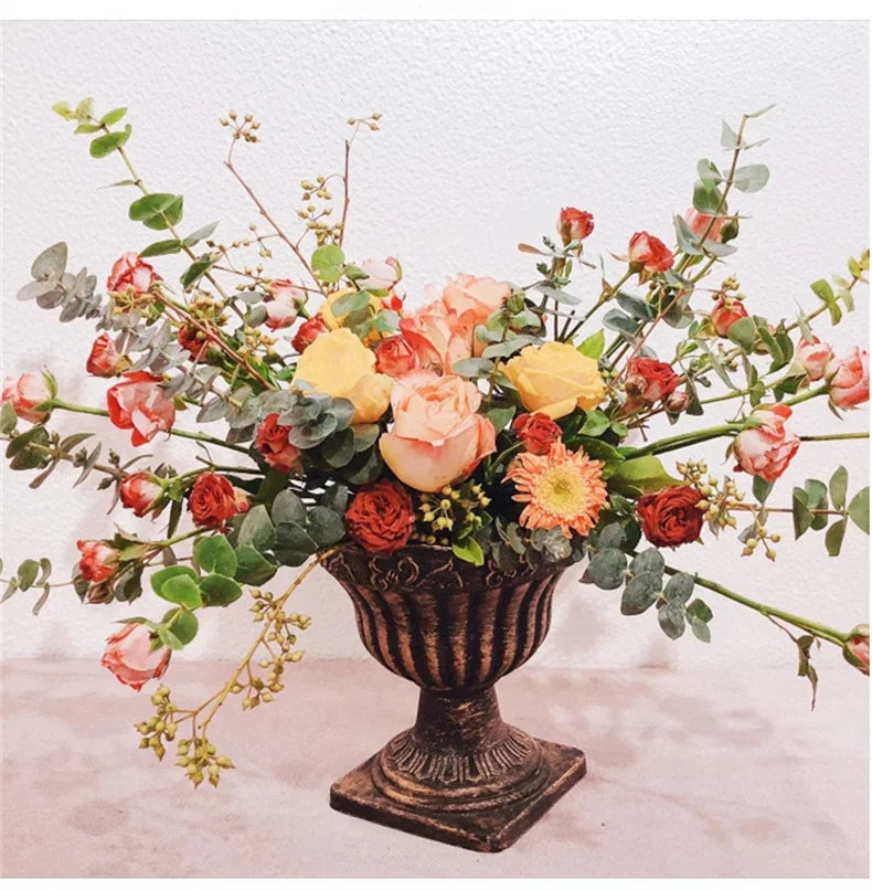 Plastic Distressed Vase Retro Flower Arrangement Roman Column carved copperStyle Wedding Props basin Home Desk White pot Display