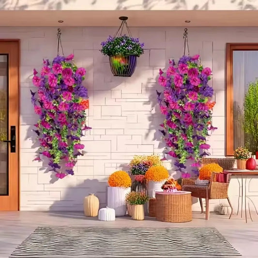 2pcs Artificial Flowers Fake Morning Glory Flowers Eucalyptus Leaves Hanging Flowers For Outdoor Party Wedding Garden Decoration
