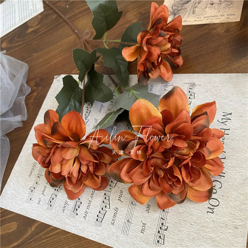 Simulation 3 Heads Dahlia Home Living Room and Dining Table Decoration Fake Flowers Wedding Ceremony Layout Artificial Flowers