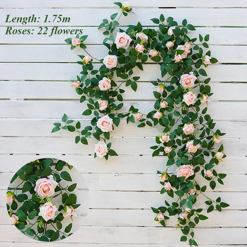 1.75m Artificial Rose Vine 22 Head Flower Fake Green Plant Flower Vine Wedding Arch Air Conditioning Pipe Wall Hanging Decor