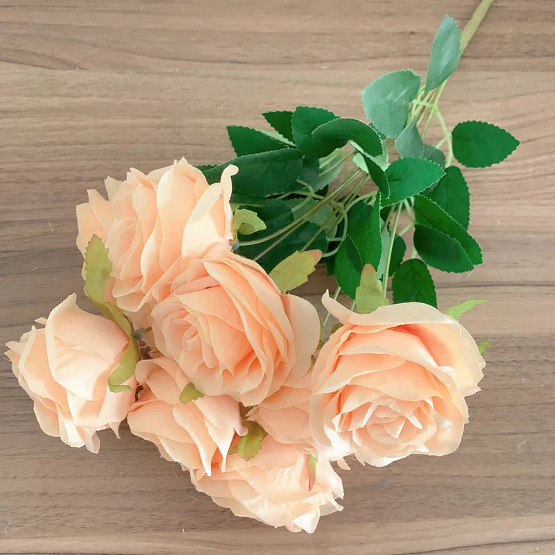 9Heads Roses Bouquet Artificial Flower Yellow Golden orange sunset Champagne Rose Fake Rose Living Room  Decoration Wedding