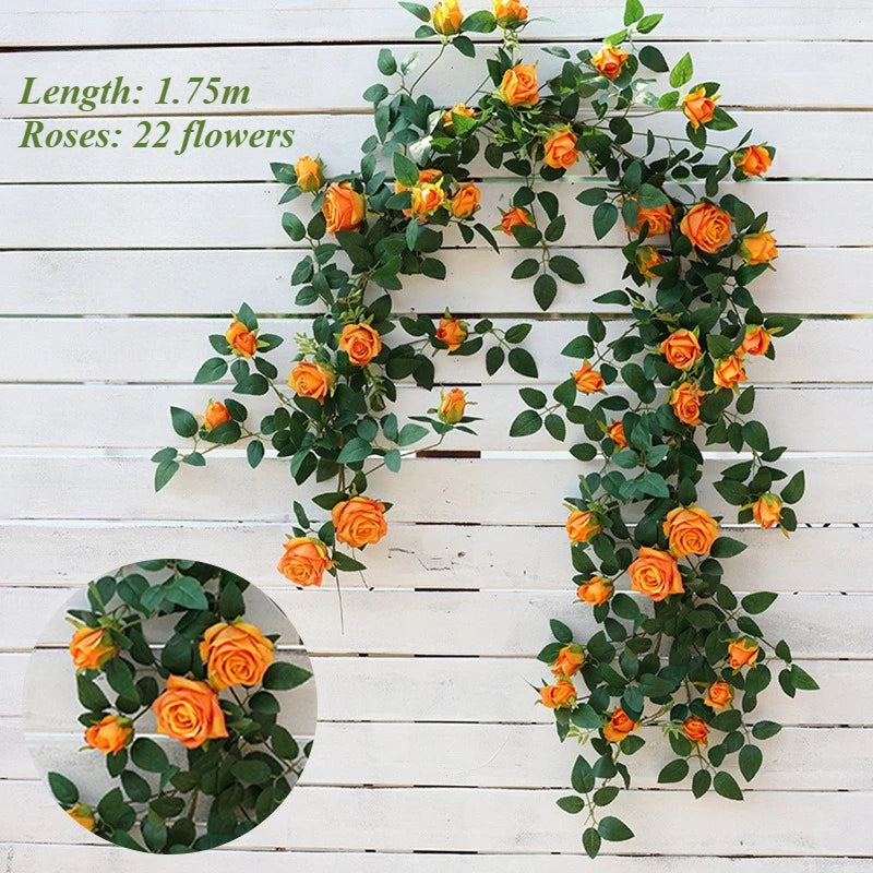 1.75m Artificial Rose Vine 22 Head Flower Fake Green Plant Flower Vine Wedding Arch Air Conditioning Pipe Wall Hanging Decor