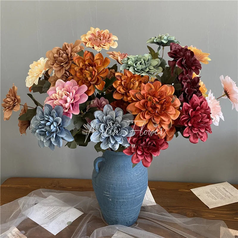 Simulation 3 Heads Dahlia Home Living Room and Dining Table Decoration Fake Flowers Wedding Ceremony Layout Artificial Flowers