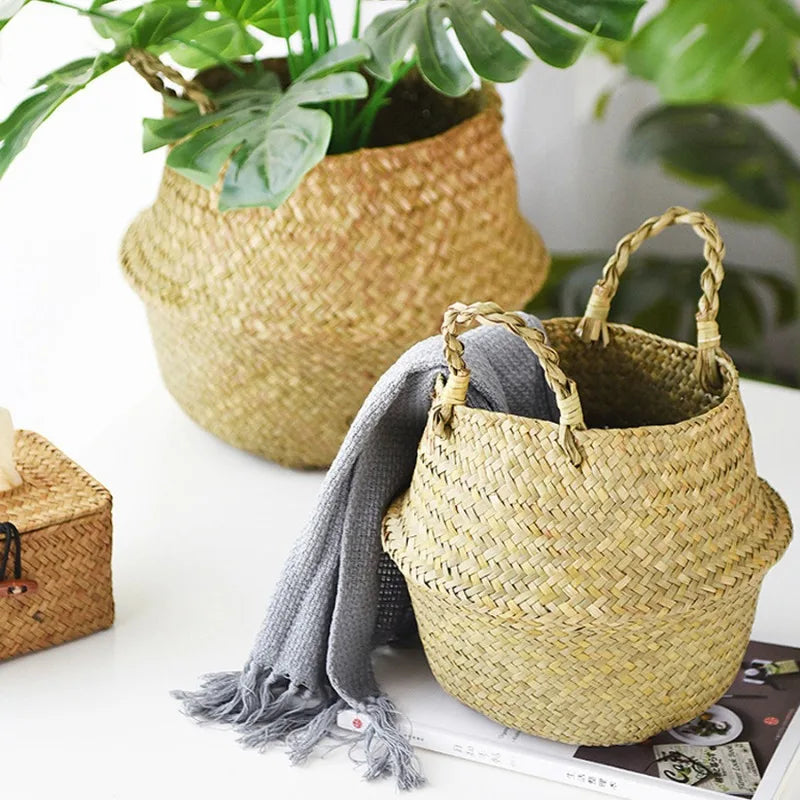 Foldable Wicker Basket Handmade Rattan Flower Pot Seagrass Planter Box Decorative Storage Organizer Home Decor Use Dropshipping