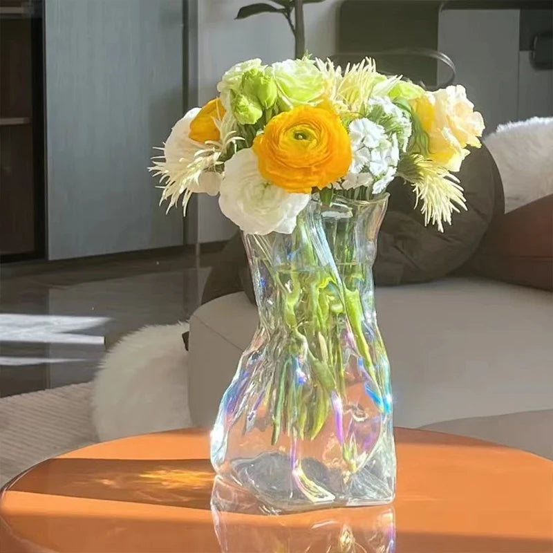 Irregular Glass Flower Vase Crystal Clear Vase Ins Style Decorative Vases for Home Office Wedding Dinner Table Party Decor