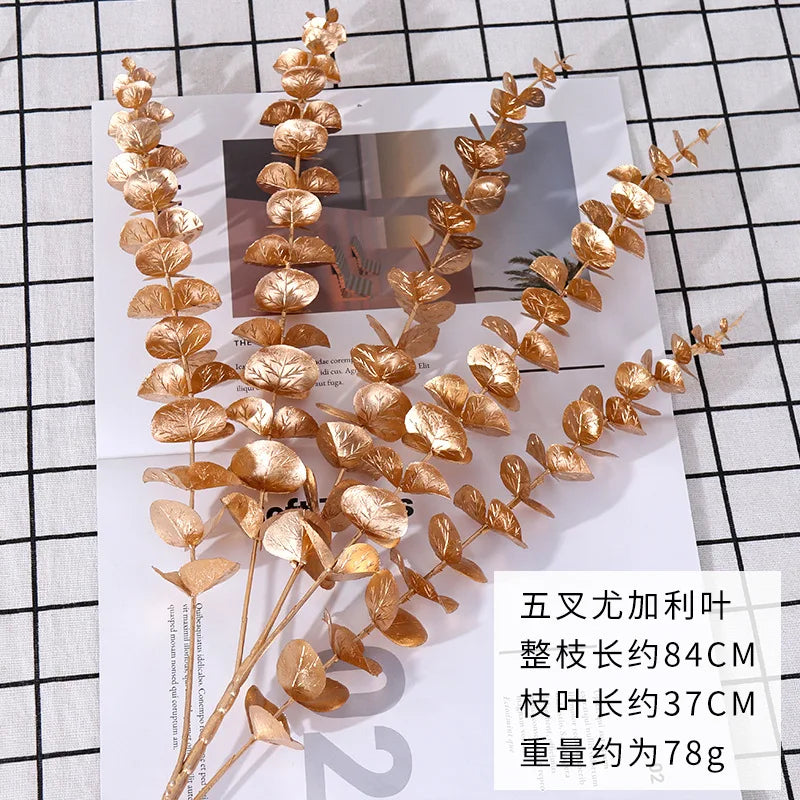 1pc Simulated Golden Gingko Leaves Eucalyptus Leave PlasticFan Leaves Peacock Tail Home Wedding Decoration Artificial Flowers