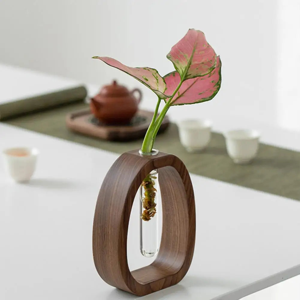 Hydroponic Plants Test Tube Vase with Wooden Stand Clear Flower Vase Table Plants Propagation Vase Home Office Desktop Decor