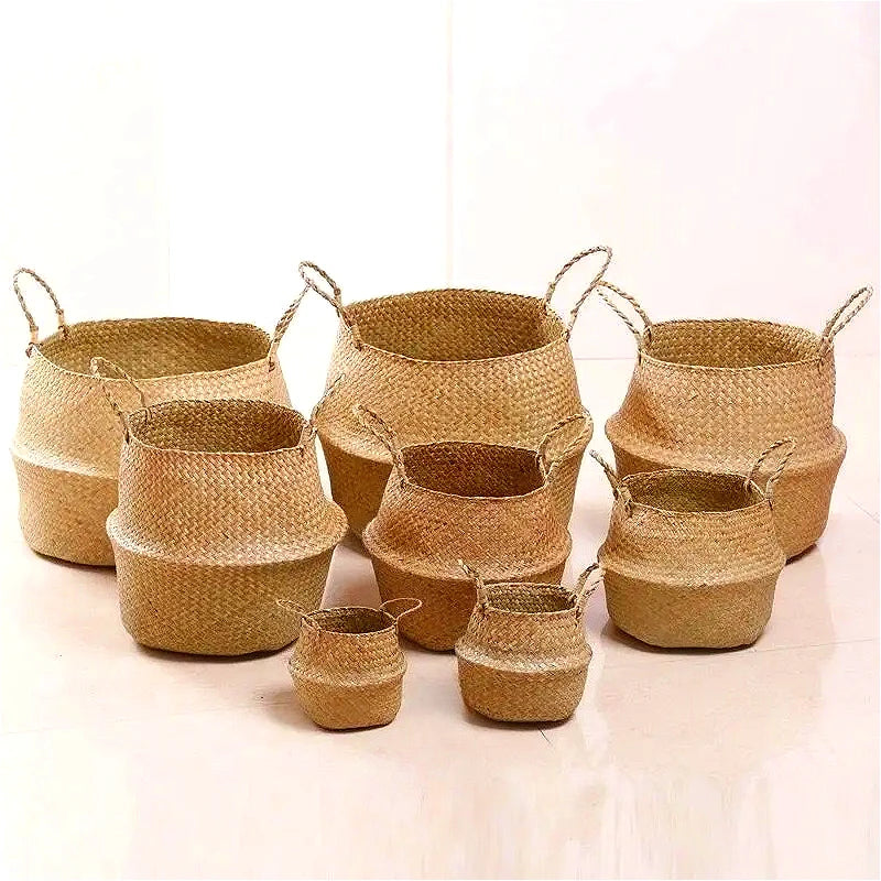 Foldable Wicker Basket Handmade Rattan Flower Pot Seagrass Planter Box Decorative Storage Organizer Home Decor Use Dropshipping