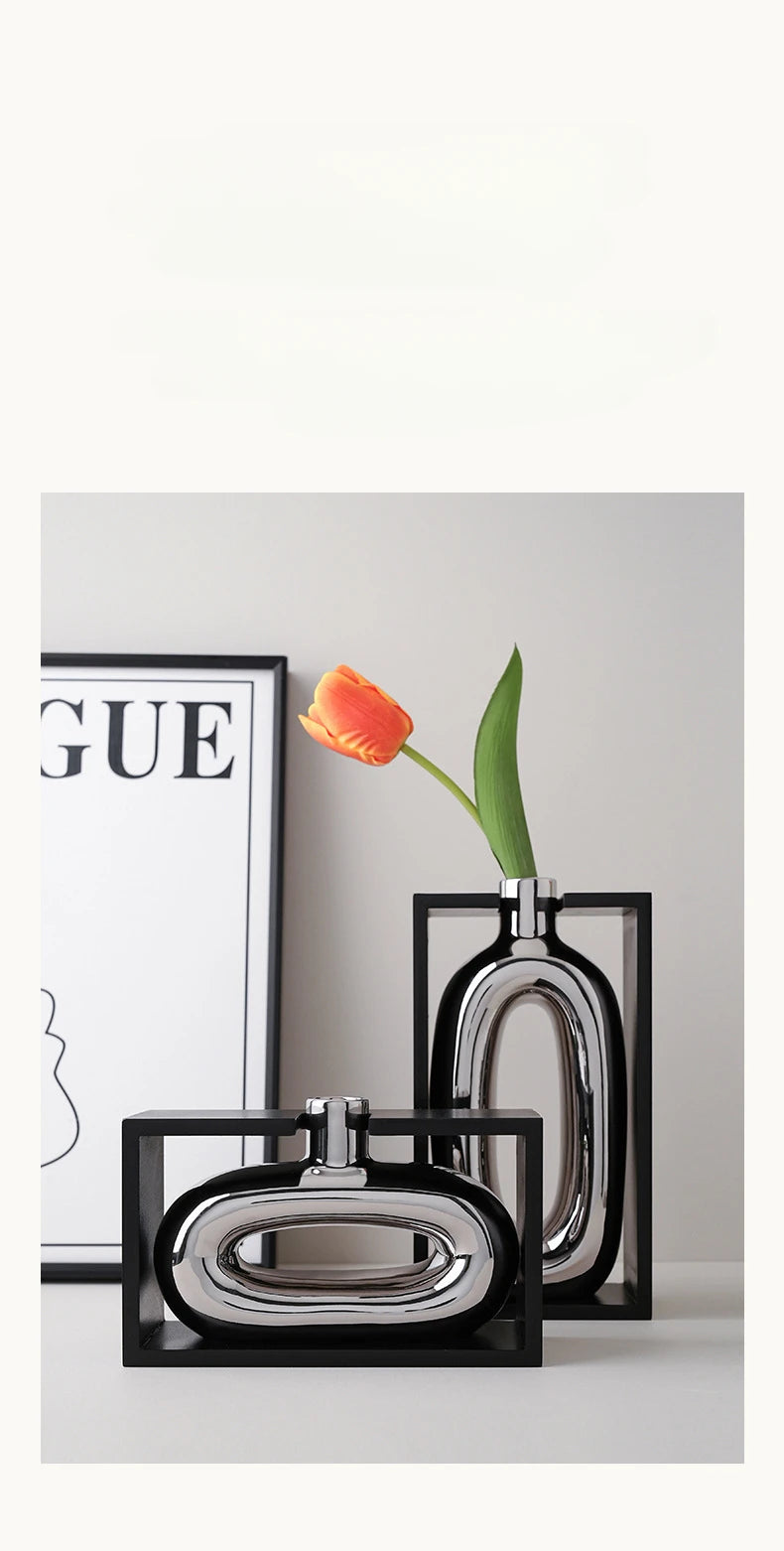 Silver Ceramic Vase Hollow Cutout Frame Hydroponic Flower Arrangement Flower Vase Terrarium Home Decoration Accessories